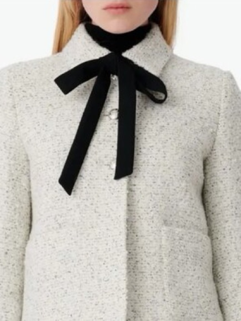 NWT Maje Cream Bouclé Coat with Black Ribbon Tie